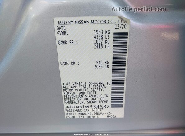 1N4BL4DV1MN334582 2021 NISSAN ALTIMA Silver Շարժիչի բաժամունքի տեսք