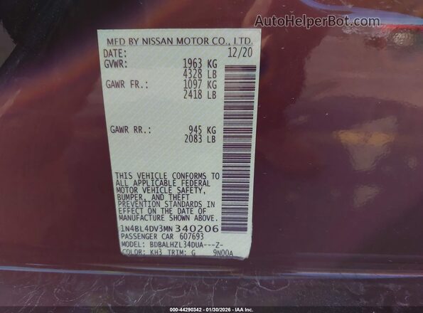1N4BL4DV3MN340206 2021 NISSAN ALTIMA Black ძრავის განყოფილების ხედი