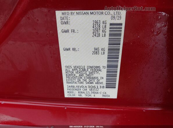 1N4BL4EV0LN306138 2020 NISSAN ALTIMA Red Engine compartment view
