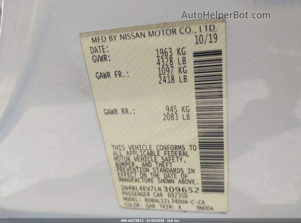 1N4BL4EV7LN309652 2020 NISSAN ALTIMA White Vista del compartimento del motor