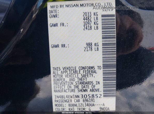 1N4BL4EW1NN305852 2022 NISSAN ALTIMA Черный Вид подкапотного пространства