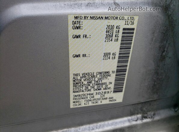 1N4BZ0CP4HC302897 2017 NISSAN LEAF Серебряный 