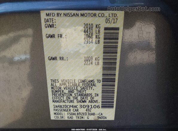 1N4BZ0CP4HC309106 2017 NISSAN LEAF Gray Engine compartment view