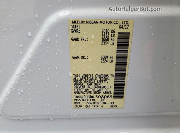 1N4BZ0CP8HC308069 2017 NISSAN LEAF White 