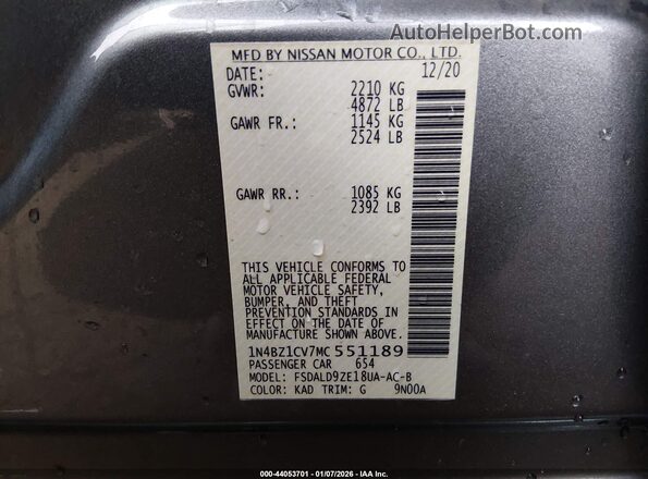 1N4BZ1CV7MC551189 2021 NISSAN LEAF Gray ძრავის განყოფილების ხედი