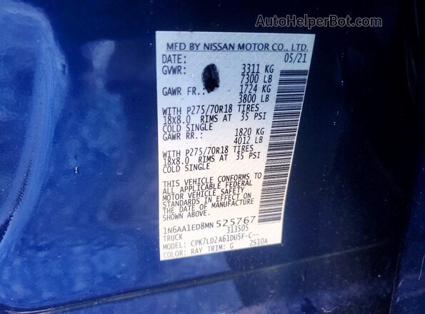 1N6AA1ED8MN525767 2021 NISSAN TITAN Синий Вид наклейки с VIN-кодом