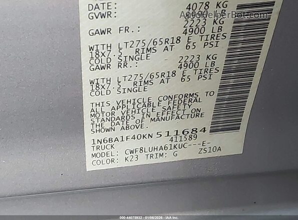 1N6BA1F40KN511684 2019 NISSAN TITAN XD Silver Շարժիչի բաժամունքի տեսք