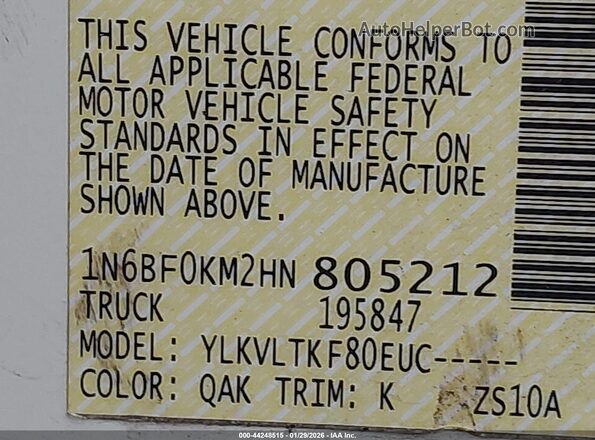 1N6BF0KM2HN805212 2017 NISSAN NV CARGO NV1500 White Вид підкапотного простору