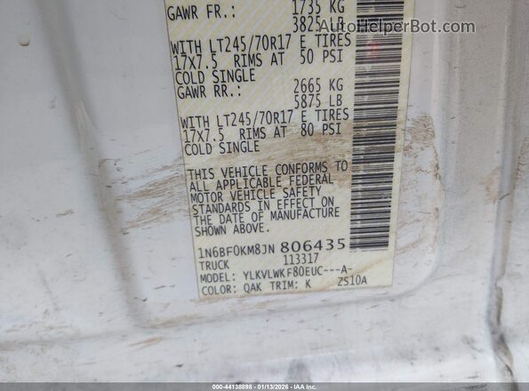 1N6BF0KM8JN806435 2018 NISSAN NV CARGO NV1500 White 