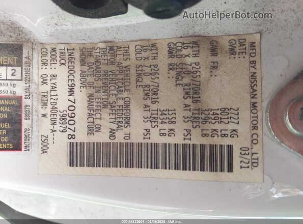 1N6ED0CE9MN709078 2021 NISSAN FRONTIER White Widok komory silnika