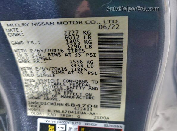 1N6ED1CM1NN684708 2022 NISSAN FRONTIER Gray VIN կոդի պիտակի տեսք