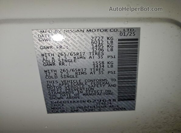 1N6ED1EKXSN629648 2025 NISSAN FRONTIER White Вид наклейки з VIN-кодом