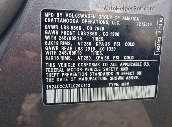1V24C2CA7LC204112 2020 VOLKSWAGEN ATLAS Угольный Панорамный вид салона 360°