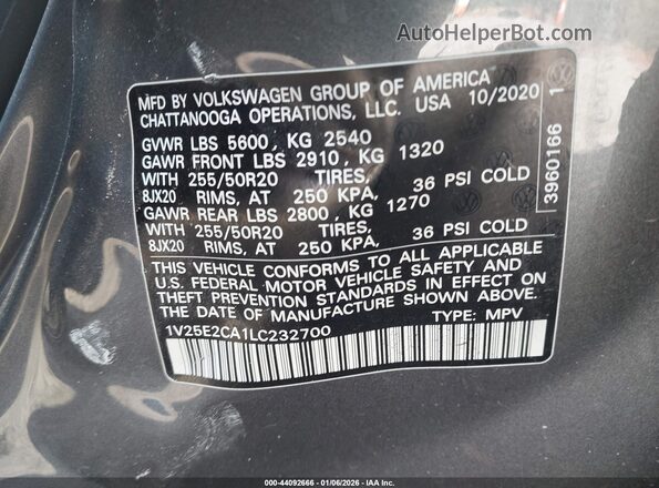 1V25E2CA1LC232700 2020 VOLKSWAGEN ATLAS Gray Vista del compartimento del motor