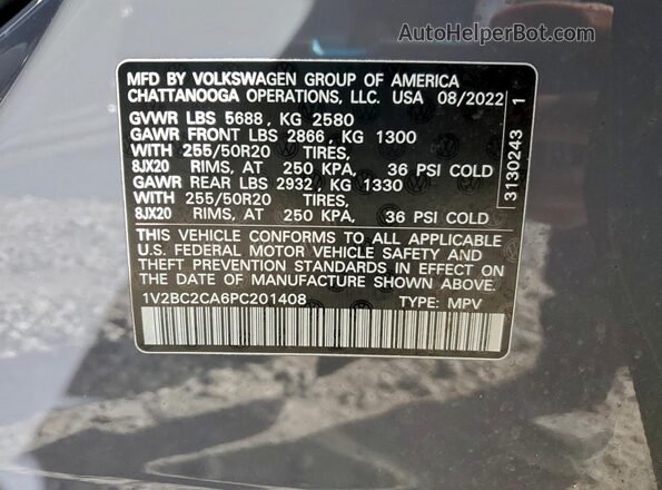 1V2BC2CA6PC201408 2023 VOLKSWAGEN ATLAS Серый Вид наклейки с VIN-кодом