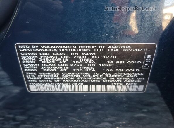 1V2DC2CA7MC217878 2021 VOLKSWAGEN ATLAS Синий Панорамный вид салона 360°