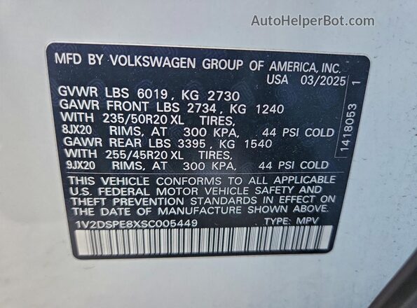 1V2DSPE8XSC005449 2025 VOLKSWAGEN ID.4 White Вид наклейки з VIN-кодом