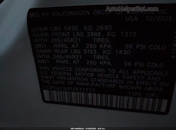 1V2FN2CA0TC517117 2026 VOLKSWAGEN ATLAS White ძრავის განყოფილების ხედი