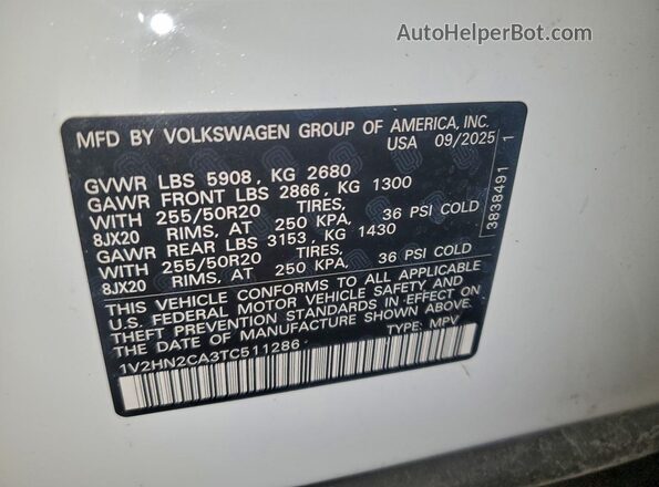 1V2HN2CA3TC511286 2026 VOLKSWAGEN ATLAS White Vista del compartimento del motor