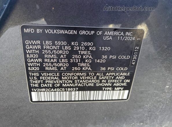 1V2HR2CA4SC518637 2025 VOLKSWAGEN ATLAS Gray Vista de la etiqueta del VIN