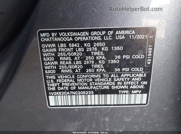 1V2KE2CA7NC205233 2022 VOLKSWAGEN ATLAS Gray Widok komory silnika