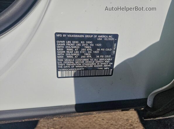 1V2KR2CA5SC535677 2025 VOLKSWAGEN ATLAS White VIN sticker view