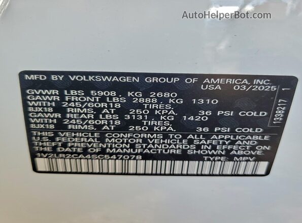 1V2LR2CA4SC547078 2025 VOLKSWAGEN ATLAS White 