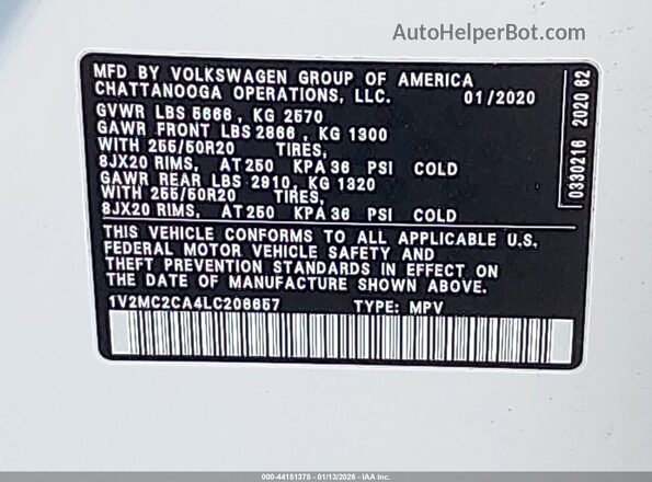 1V2MC2CA4LC206657 2020 VOLKSWAGEN ATLAS White Engine compartment view