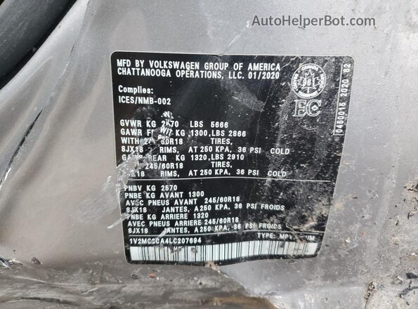 1V2MC2CA4LC207694 2020 VOLKSWAGEN ATLAS Silver Вид наклейки з VIN-кодом
