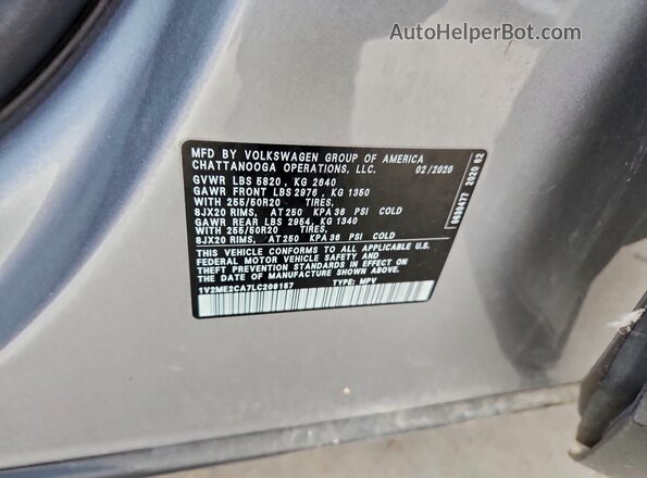 1V2ME2CA7LC209157 2020 VOLKSWAGEN ATLAS Silver Vista de la etiqueta del VIN