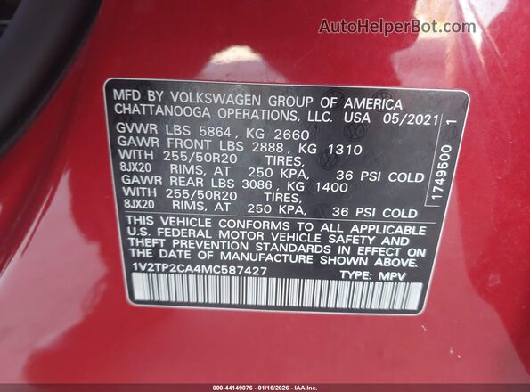1V2TP2CA4MC587427 2021 VOLKSWAGEN ATLAS Red Engine compartment view