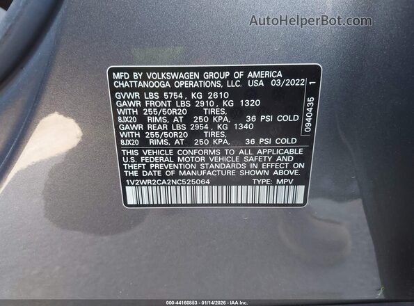 1V2WR2CA2NC525064 2022 VOLKSWAGEN ATLAS Gray Вид підкапотного простору