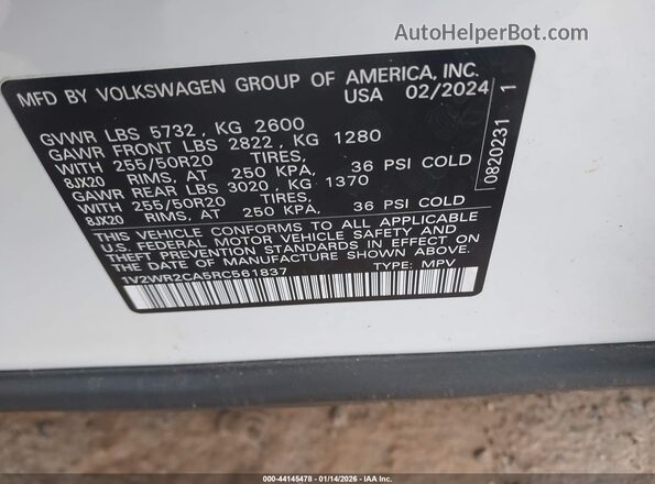 1V2WR2CA5RC561837 2024 VOLKSWAGEN ATLAS White Engine compartment view