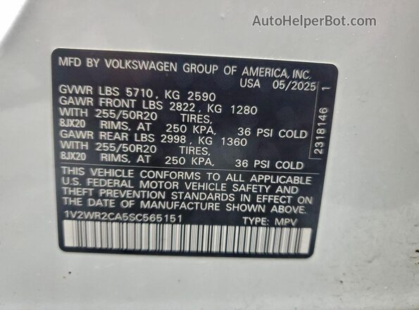 1V2WR2CA5SC565151 2025 VOLKSWAGEN ATLAS White VIN sticker view