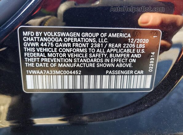 1VWAA7A33MC004452 2021 VOLKSWAGEN PASSAT Black VIN sticker view