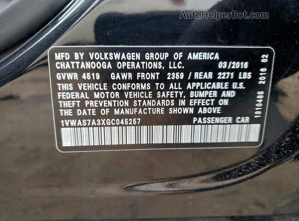 1VWAS7A3XGC045257 2016 VOLKSWAGEN PASSAT Black ძრავის განყოფილების ხედი