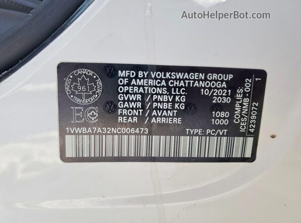 1VWBA7A32NC006473 2022 VOLKSWAGEN PASSAT White 