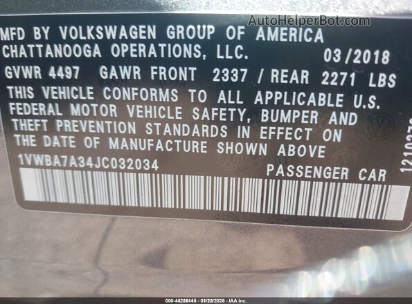 1VWBA7A34JC032034 2018 VOLKSWAGEN PASSAT Серый Вид подкапотного пространства
