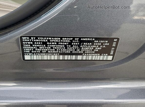 1VWLA7A38KC001827 2019 VOLKSWAGEN PASSAT Gray 
