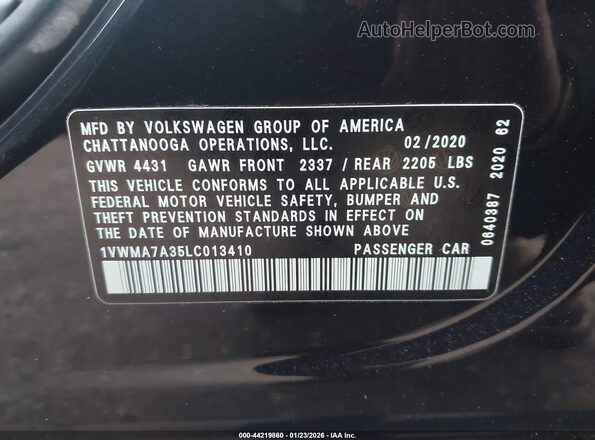 1VWMA7A35LC013410 2020 VOLKSWAGEN PASSAT Black Widok komory silnika