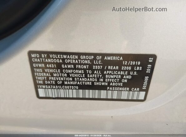 1VWSA7A31LC007370 2020 VOLKSWAGEN PASSAT Gray Widok komory silnika