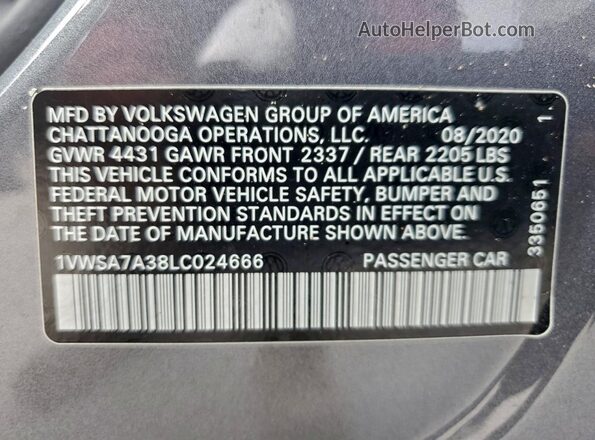 1VWSA7A38LC024666 2020 VOLKSWAGEN PASSAT Gray Շարժիչի բաժամունքի տեսք