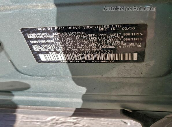 JF2SJADC1GH538221 2016 SUBARU FORESTER 2.5 Green Вид наклейки з VIN-кодом