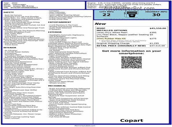 WVWAR7AN4NE008027 2022 VOLKSWAGEN ARTEON White Вид задньої частини салону