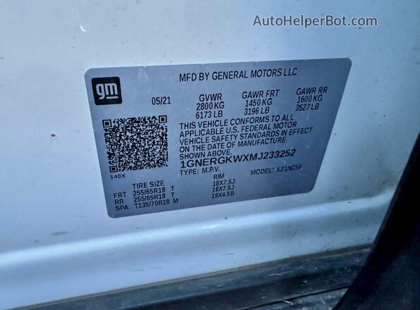 1GNERGKWXMJ233252 2021 CHEVROLET TRAVERSE Белый 