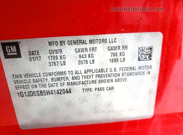 1G1JD6SB5H4142044 2017 CHEVROLET SONIC Red Widok naklejki z numerem VIN