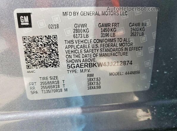 5GAERBKW4JJ212874 2018 BUICK ENCLAVE Gray Widok wnętrza 360 stopni