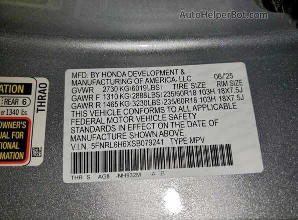 5FNRL6H6XSB079241 2025 HONDA ODYSSEY Silver Սալոնի 360 աստիճան տեսք