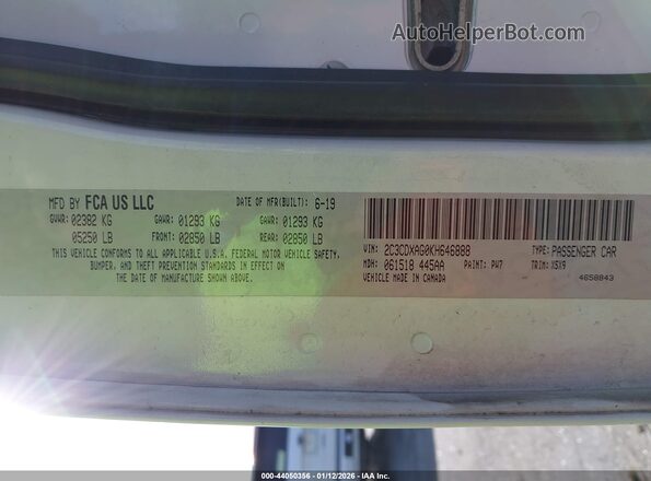2C3CDXAG0KH646888 2019 DODGE CHARGER White Widok komory silnika