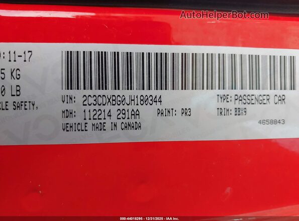 2C3CDXBG0JH180344 2018 DODGE CHARGER Red Engine compartment view